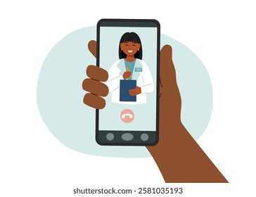 Online medical consultation with a doctor. Patient’s hand interacting with mobile healthcare service. Concept of online medicine, healthcare, clinic, video call and remote treatment.