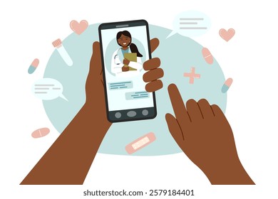 Online medical consultation with doctor. Patient’s hands interacting with mobile healthcare service. Concept of online medicine, healthcare, clinic, video call and remote treatment. 