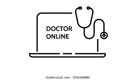 online medical consultation Doctor laptop pictogram, icon. Vector line healthcare concept illustrataon