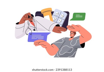 Online medical consultation. Doctor prescribe cure, remedy to patient in chat. Medic communicate with sick man in messenger. Healthcare service. Flat isolated vector illustration on white background