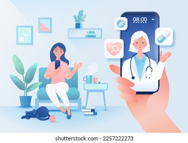 Online medical consultation with a doctor via a smartphone. Vector illustration in flat style.