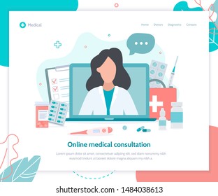 Online Medical Consultation. Doctor In Your Computer. Landing Page Template. Flat Vector Illustration.