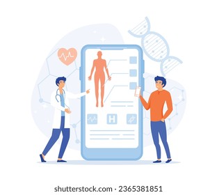 online medical consultation, Doctors examining a patient using a medical app on a smartphone, flat vector modern illustration