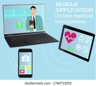 Online medical consultation. Each patient can be examined by a professional doctor online and each patient can accept a medical diagnosis from a group of medical experts. Vector illustration.