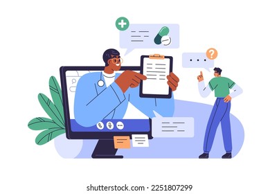 Online medical consultation, e-health concept. Remote doctor and patient at virtual communication. Healthcare web service, telemedicine. Flat graphic vector illustration isolated on white background