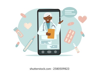 Online medical consultation with elderly doctor on smartphone screen. Concept of online medicine, healthcare, digital health services and remote treatment. Vector hand drawn illustration.