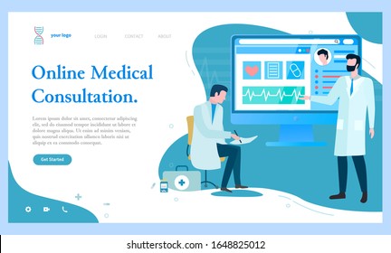 Online-ärztliche Beratung, Diagnoseexperten. Wissenschaftler, die Forschung und Experimente im Labor durchführen. Doc zeigt Informationen an Praktiker. Website oder Website-Vorlage, Vektorillustration der Zielseite