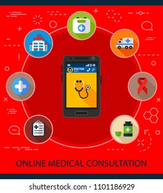 Online medical consultation flat icons concept. Vector illustration. Element template for design.