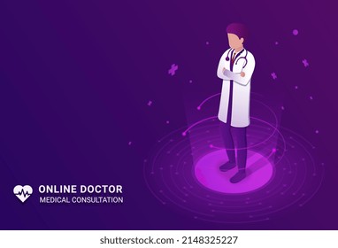 Online medical consultation. Guy standing in medical helmet, metaphor for making diagnosis and choosing optimal method of treatment. Health care and check up. Cartoon isometric vector illustration