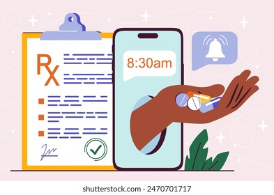 Online medical consultation. Hand with pills at smartphone screen. Online pharmacy. Health care and medicine, treatment. Telemedicine mobile application. Flat vector illustration