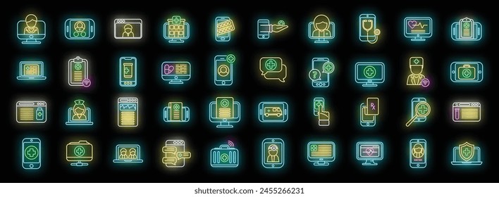 Online medical consultation icons set outline vector. Medical doctor. Health care neon color on black