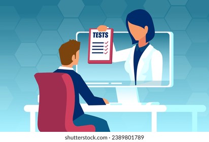 Online medical consultation and lab tests report. Vector of a doctor giving advice to a patient man on web hospital platform  