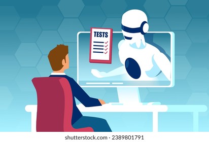 Online medical consultation and lab tests report. Vector of a robot, artificial intelligence giving advice to a patient man on a hospital web platform  