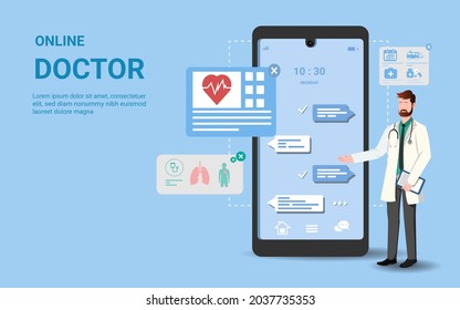 Online medical consultation on mobile app with male doctor. tele medicine, Online healthcare and medical consultation, Online diagnostics, Ask a doctor, Digital health concept. 3D vector illustration