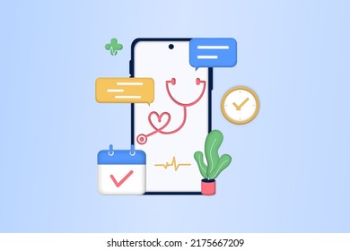 Online medical consultation on mobile app through the phone screen. Online medical clinic, tele medicine, online healthcare, online doctor consultation, digital health concept. 3d vector illustration.