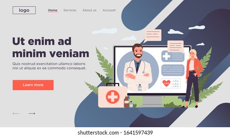 Online medical consultation. Patient talking to doctor through video call flat vector illustration. Application, support, healthcare concept for banner, website design or landing web page