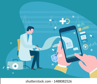 Online medical consultation, patient using cell phone chatting with doctor. Doc helping sick person with help of internet and gadgets. Vector illustration in flat cartoon style