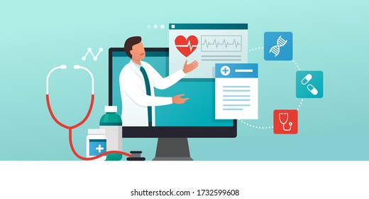 Online medical consultation and prescription medicine: professional doctor connecting and giving a consultation for a patient, telemedicine concept