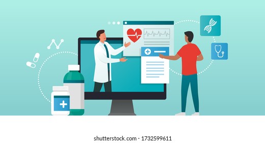 Online medical consultation and prescription medicine: professional doctor connecting and giving a consultation for a patient, telemedicine concept