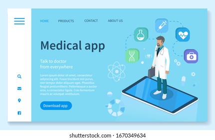 Online medical consultation responsive landing page design vector. Medical equipment services app for healthcare homepage template. Doctor in robe with stethoscope, medical icons illustration