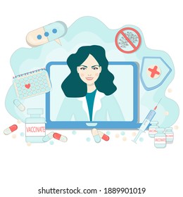 Online medical consultation service. Computer screen with a doctor's conversation in the messenger and online consultation. Vector flat illustration.