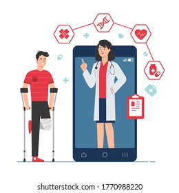 Online medical consultation service with patient and female doctor on smartphone screen illustration. Telemedicine concept
