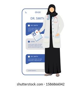 Online medical consultation smartphone vector app screen. Remote doctor appointment. Mobile phone displays with cartoon characters mockup. Chat with medical specialist. Application telephone interface