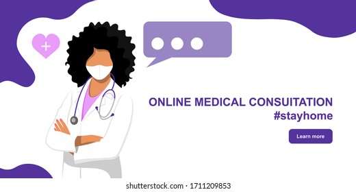 Online medical consultation, stay home. Doctor in your computer. Landing page template. Young female doctor. Woman wearing a lab coat stands with crossed arms. Flat vector illustration.