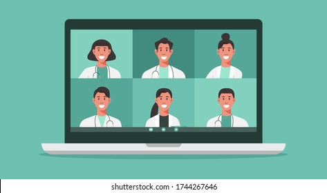 online medical consultation and support concept, healthcare services, group of doctors teleconferencing with stethoscope on laptop screen, conference video call, new normal, flat vector illustration