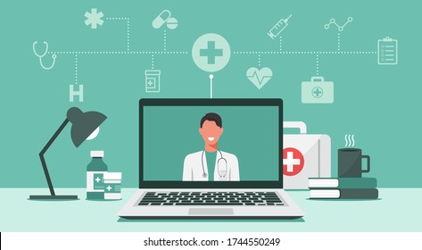 Online Medical Consultation And Support Concept, Healthcare Services, Doctor Teleconferencing With Stethoscope On Laptop Screen, Conference Video Call, New Normal, Icon Flat Vector Illustration