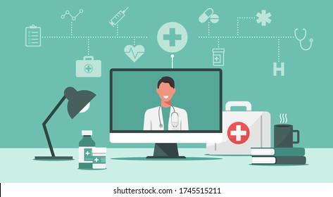 online medical consultation and support concept, healthcare services, doctor teleconferencing with stethoscope on computer screen, conference video call, new normal, icon flat vector illustration