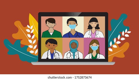 Online Medical Consultation And Support Concept, Healthcare Services, Group Of Doctors Teleconferencing On Computer Screen, Conference Video Call, New Normal, Flat Vector Illustration