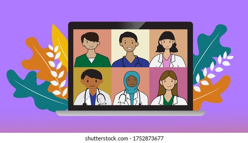 Online Medical Consultation And Support Concept, Healthcare Services, Group Of Doctors Teleconferencing On Computer Screen, Conference Video Call, New Normal, Flat Vector Illustration