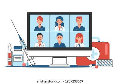 online medical consultation and support concept, healthcare services, group of doctors teleconferencing with stethoscope on computer screen, conference video call, new normal, flat vector illustration