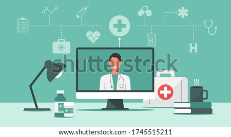 online medical consultation and support concept, healthcare services, doctor teleconferencing with stethoscope on computer screen, conference video call, new normal, icon flat vector illustration