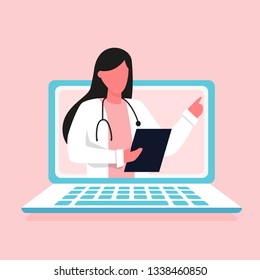 Online medical consultation and support. Online doctor. Healthcare services, Ask a doctor. Family female doctor, gynecologist with stethoscope on the laptop screen.  Vector for clinic web site, app