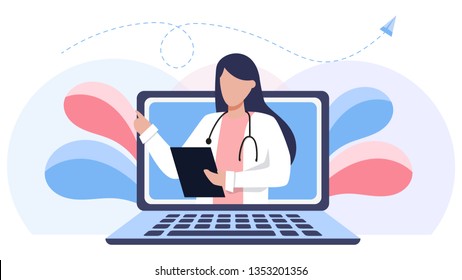 Online medical consultation and support. Online doctor. Healthcare services, Ask a doctor. Family female doctor, gynecologist with stethoscope on the laptop screen.  Vector for clinic web site, app
