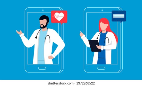 Online medical consultation and support. Online doctor. Healthcare services, Ask a doctor. Family female doctor, gynecologist with stethoscope on the phone screen. Vector for clinic web site, app 