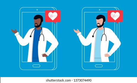 Online medical consultation and support. Online doctor. Healthcare services, Ask a doctor. Family afriacan doctor with stethoscope on the phonescreen. Vector for clinic web site, app 