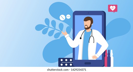 Online medical consultation and support. Online doctor. Healthcare services, Ask a doctor. Family doctor with stethoscope on the phone screen. Vector for clinic web site, app 