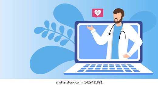 Online medical consultation and support. Online doctor. Healthcare services, Ask a doctor. Family doctor with stethoscope on the laptop screen. Vector for clinic web site, app 