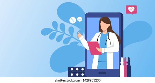 Online medical consultation and support. Online doctor. Healthcare services, Ask a doctor. Family female doctor, gynecologist with stethoscope on the phone screen. Vector for clinic web site, app 