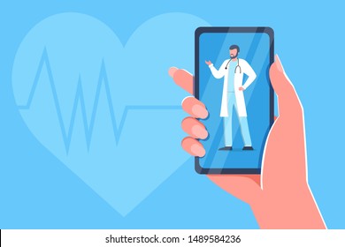 Online medical consultation and support. Online doctor, cardiology. Healthcare service, Ask a doctor. Family doctor with stethoscope on the phone screen. Vector for clinic web site, app, banner, flyer