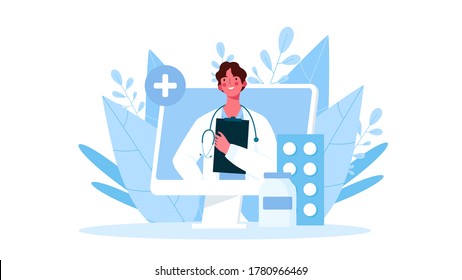 Online medical consultation, support. Online doctor. Healthcare services. Family male doctor with stethoscope on the laptop screen. Vector illustration for websites landing page templates.