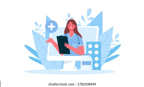 Online Medical Consultation, Support. Online Doctor. Healthcare Services. Family Female Doctor With Stethoscope On The Laptop Screen. Vector Illustration For Websites Landing Page Templates.