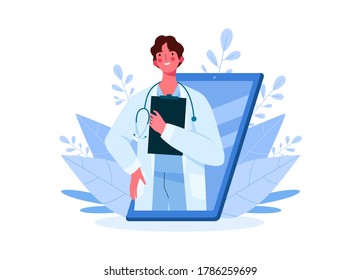 Online medical consultation, support. Online doctor. Healthcare services. Family male doctor with stethoscope on smartphone. Online medical advise or consultation service, tele medicine, cardiology