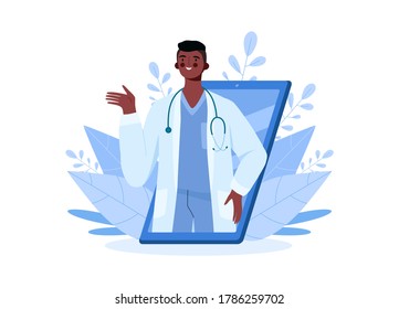 Online medical consultation, support. Online doctor. Healthcare services. Family male doctor with stethoscope on smartphone. Online medical advise or consultation service, tele medicine, cardiology