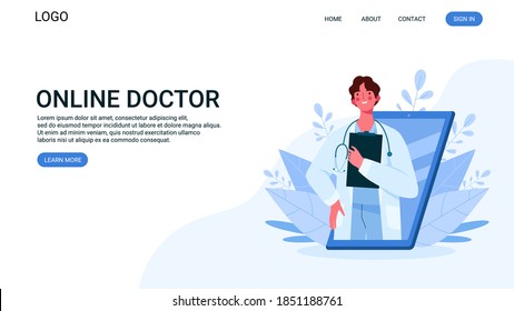 Online Medical Consultation, Support. Online Doctor. Healthcare Services. Family Male Doctor With Stethoscope On Smartphone. Online Medical Advise Or Consultation Service, Tele Medicine. Landing Page.