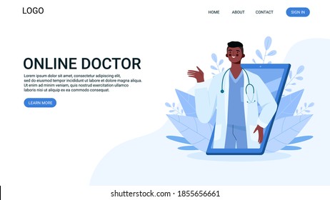 Online medical consultation, support. Online doctor. Healthcare services. Family male doctor with stethoscope on smartphone. Online medical advise or consultation service. Landing page.