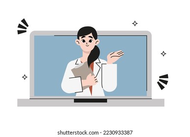 Online medical consultation and support. Online doctor. Healthcare services, Ask a doctor. Family female doctor, gynecologist with stethoscope on the laptop screen. Flat drawn style vector design 